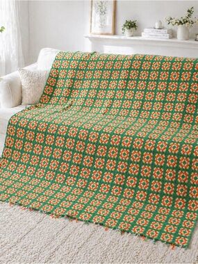 Handmade Green and Orange Crochet Throw Blanket